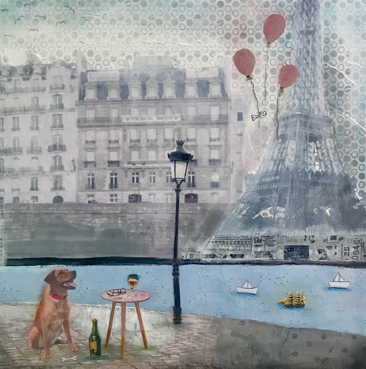 Collage, Hund Lela an der Seine in Paris